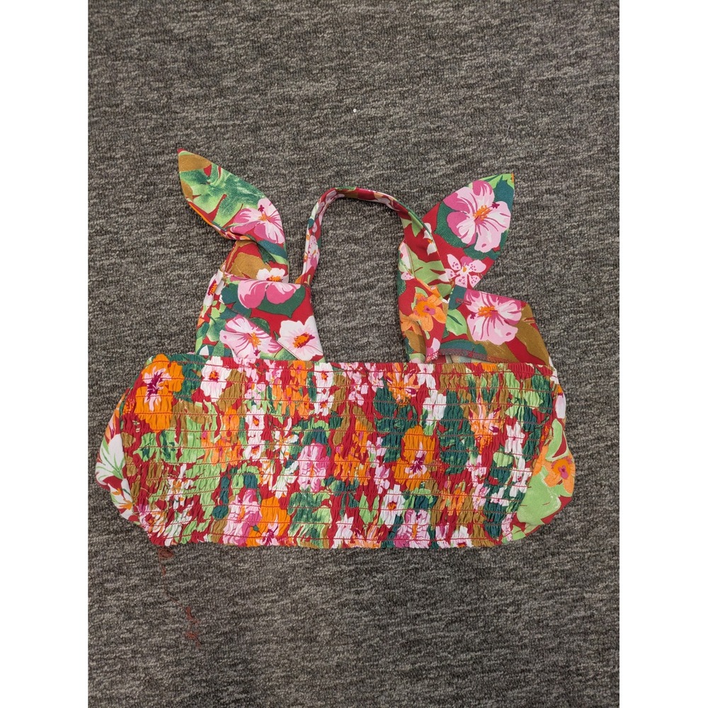 Lily Rose Crop Top Women's Large Multicolor Floral Smocked Tie Shoulder Straps